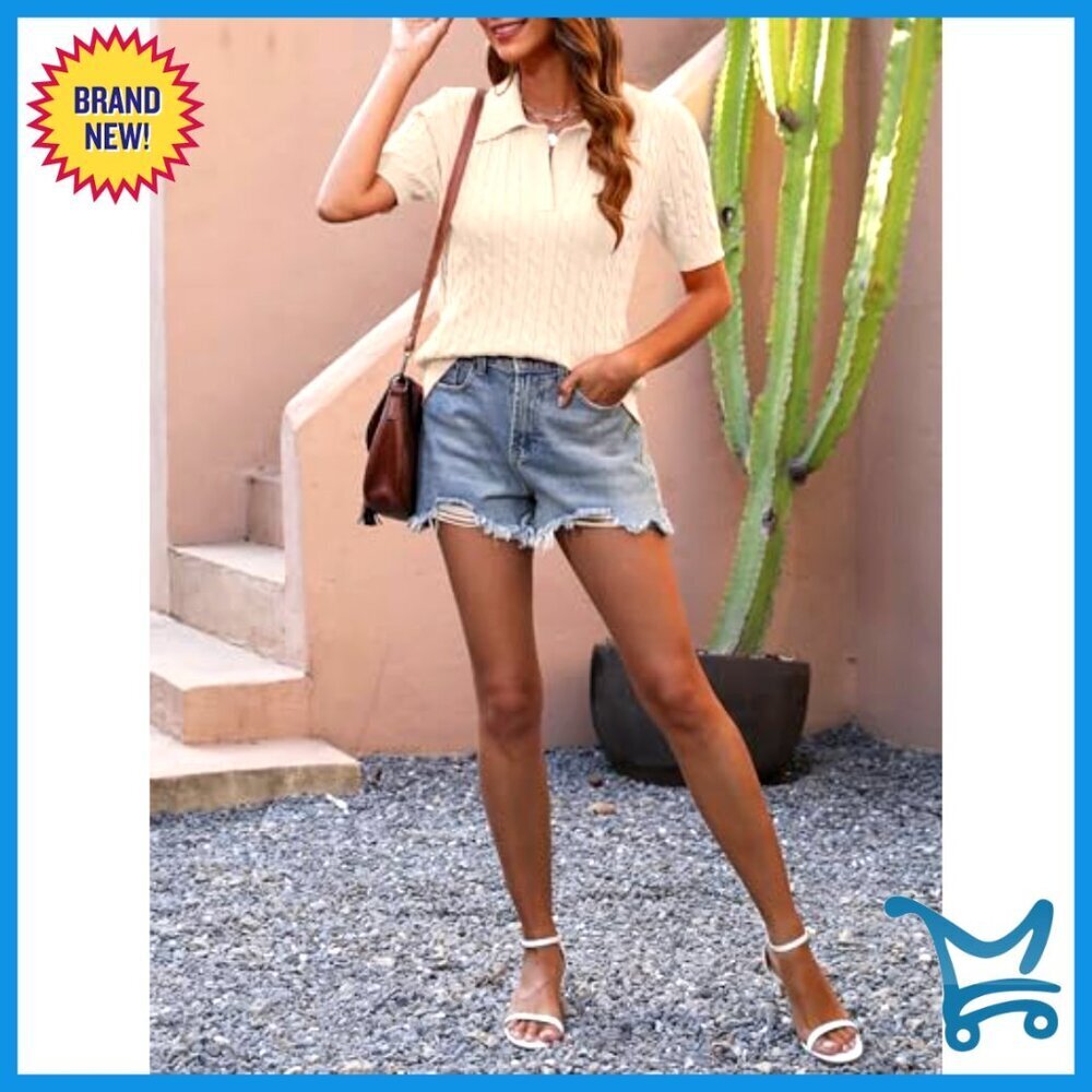 Short Sleeve V Neck Cable Knit Sweater Top Loose Fit Casual Summer Pullover - Picture 6 of 7